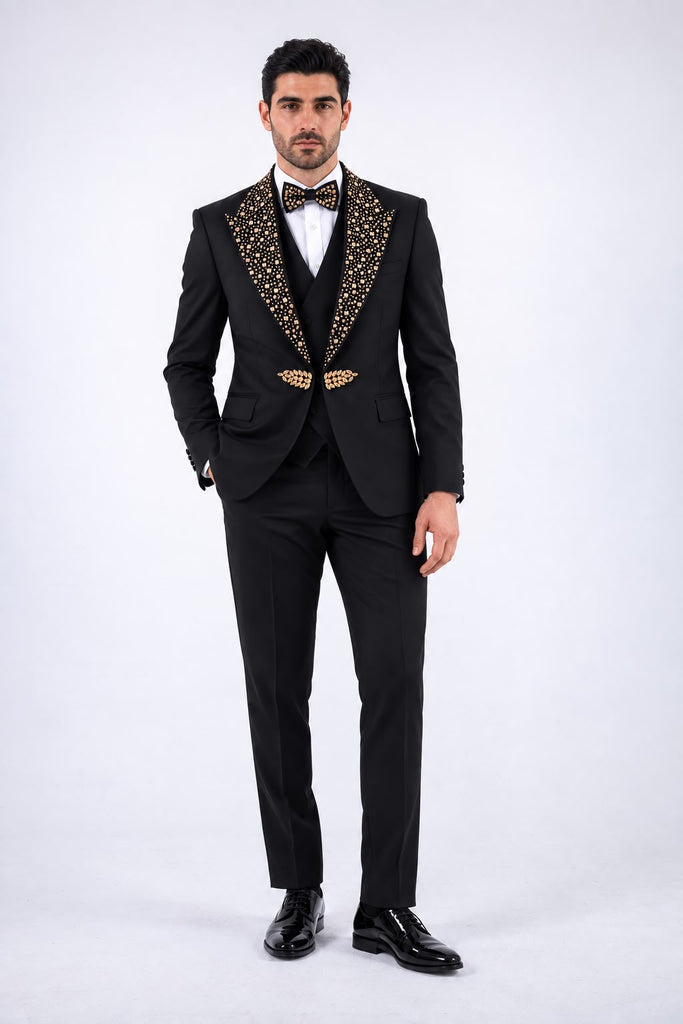 Costum Elegant de Ceremonie pentru Bărbați, 4 Piese Sacou, Pantalon, Vestă și Papion, Detalii cu Pietre -PG0253