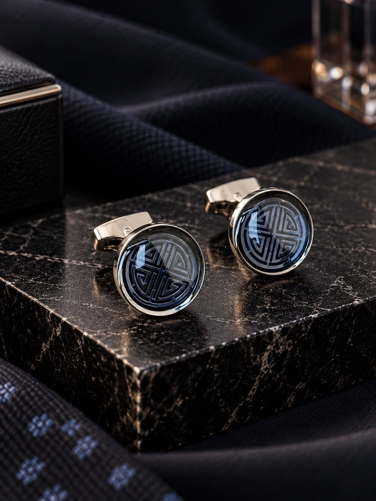 Butoni de manșet argintii cu pietre albastre cu model – PG0246
