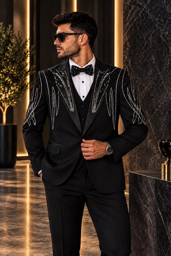 Costum Elegant de Ceremonie pentru Bărbați, 4 Piese Sacou, Pantalon, Vestă și Papion, Detalii cu Pietre -PG0251