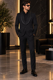 Costum Elegant de Ceremonie pentru Bărbați, 4 Piese  Sacou, Pantalon, Vestă și Papion, Detalii cu Pietre -PG0250