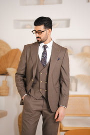 Costum Barbatesc, 3 piese, Sacou, Vesta si Pantalon, Textura Punctata, Maro PG0001