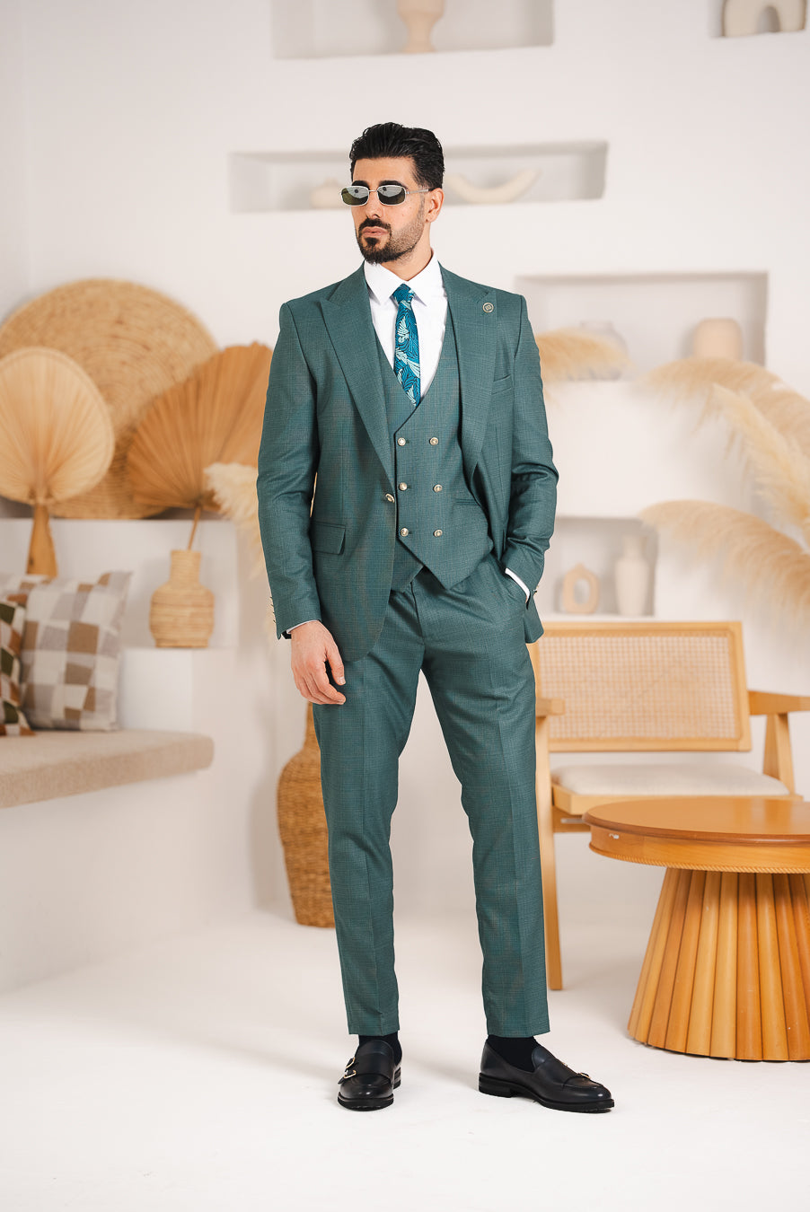 Costum Barbatesc, 3 piese, Sacou, Vesta si Pantalon, Textura Punctata, Verde Petrol PG0002
