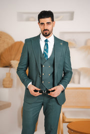 Costum Barbatesc, 3 piese, Sacou, Vesta si Pantalon, Textura Punctata, Verde Petrol PG0002