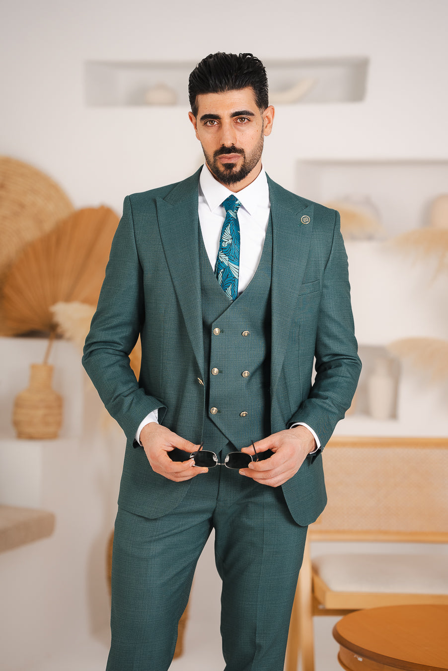 Costum Barbatesc, 3 piese, Sacou, Vesta si Pantalon, Textura Punctata, Verde Petrol PG0002