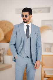 Costum Barbatesc, 3 piese, Sacou, Vesta si Pantalon, Textura Punctata, Bleu Deschis PG0004