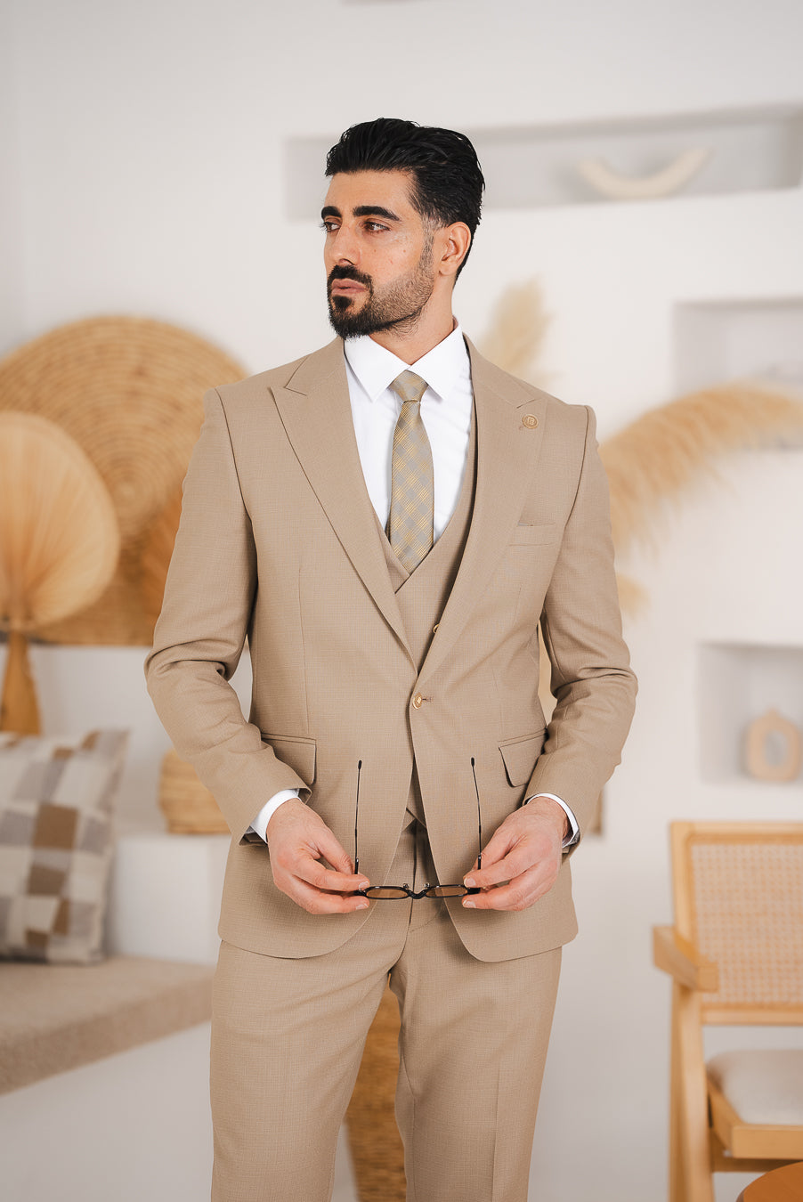 Costum Barbatesc, 3 piese, Sacou, Vesta si Pantalon, Textura Punctata, Bej PG0005