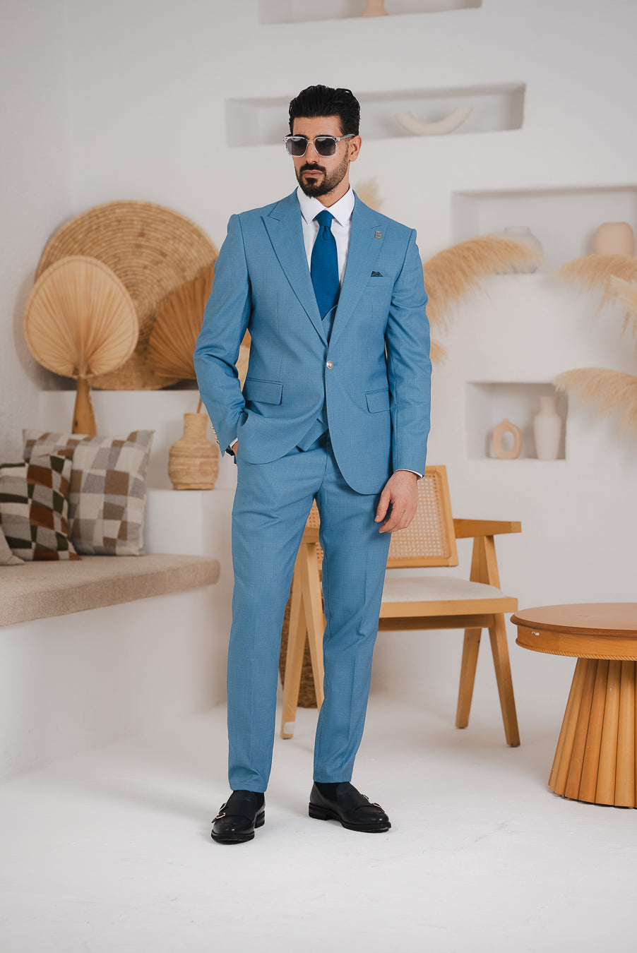 Costum Barbatesc, 3 piese, Sacou, Vesta si Pantalon, Textura Punctata, Bleo Inchis PG0009