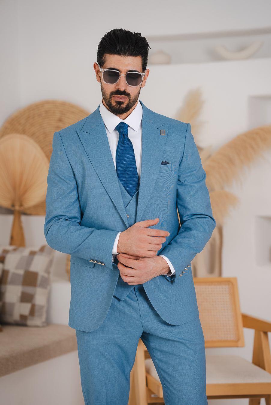 Costum Barbatesc, 3 piese, Sacou, Vesta si Pantalon, Textura Punctata, Bleo Inchis PG0009