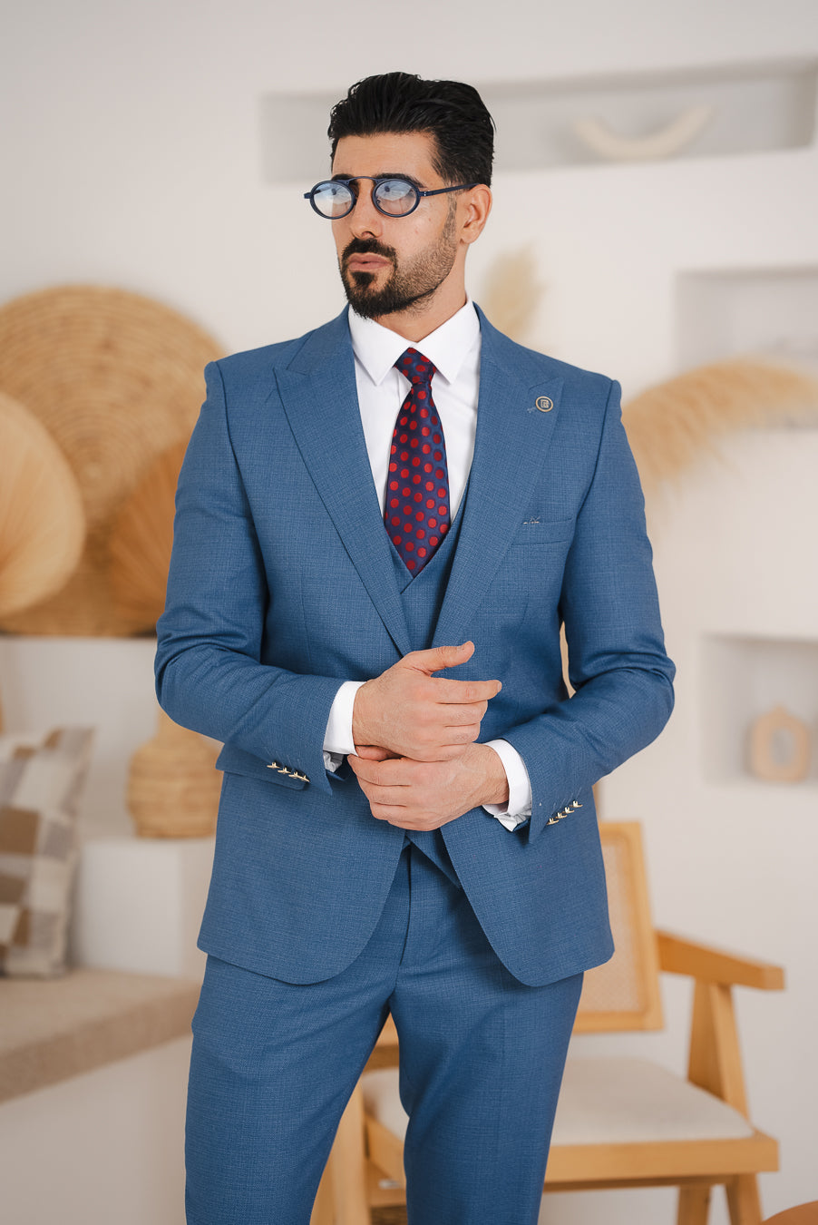 Costum Barbatesc, 3 piese, Sacou, Vesta si Pantalon, Textura Punctata, Parlament Deschis PG0010