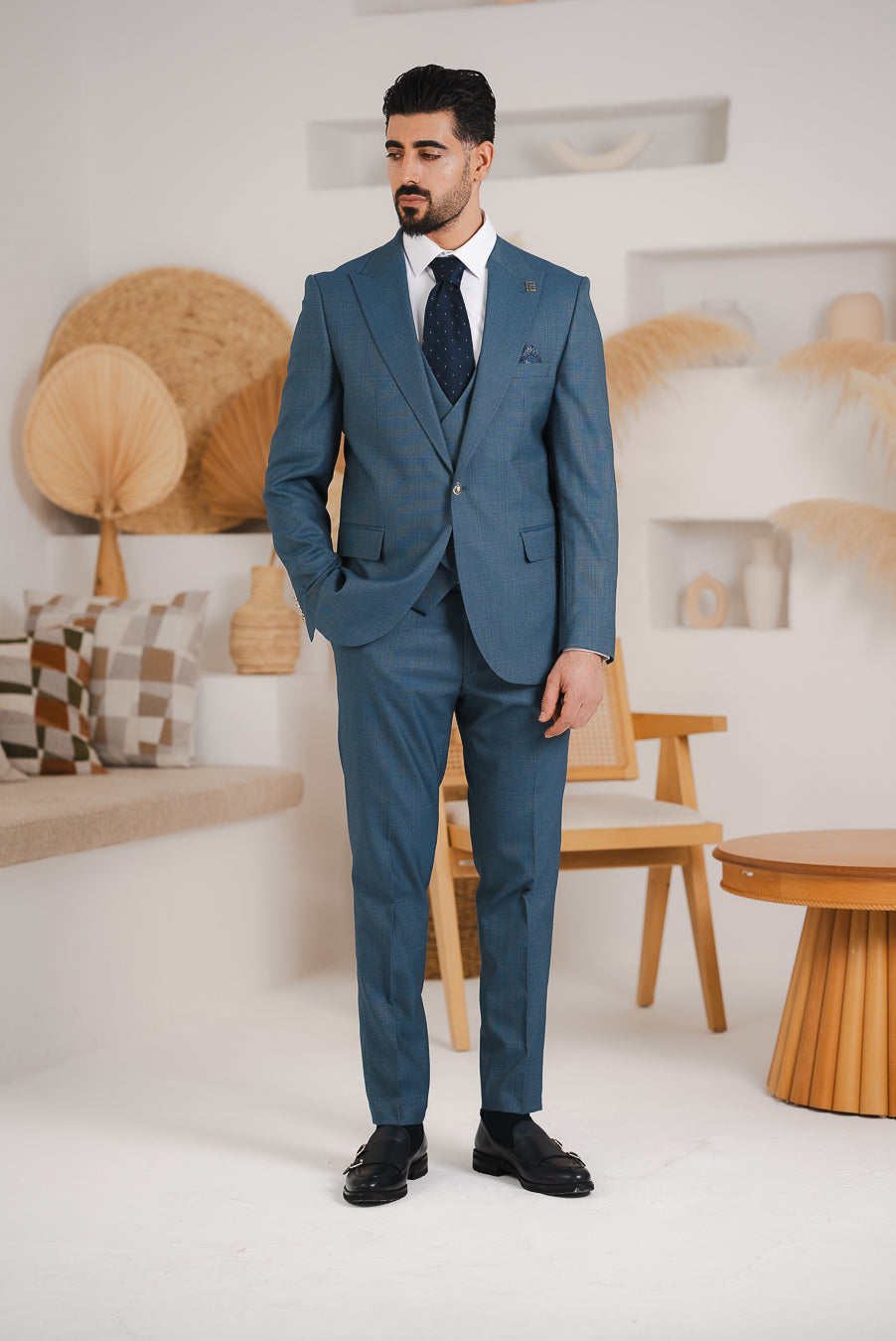 Costum Barbatesc, 3 piese, Sacou, Vesta si Pantalon, Textura Punctata, Petrol PG0011
