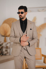 Costum Barbatesc, 3 piese, Sacou, Vesta si Pantalon, Textura Punctata, Cappuccino Deschis PG0012