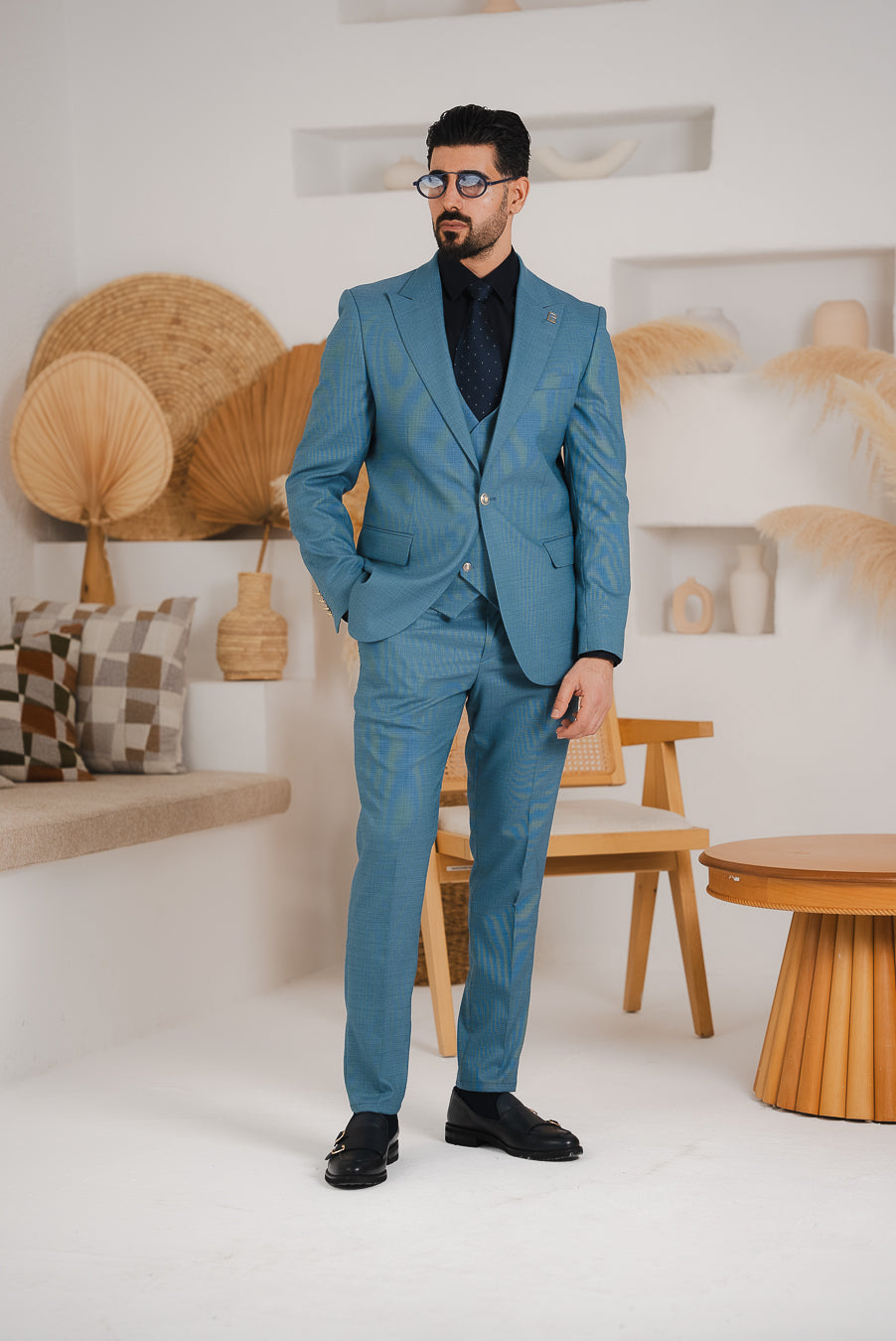 Costum Barbatesc, 3 piese, Sacou, Vesta si Pantalon, Textura Punctata, Albastru Regal PG0013
