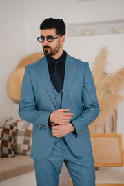 Costum Barbatesc, 3 piese, Sacou, Vesta si Pantalon, Textura Punctata, Albastru Regal PG0013