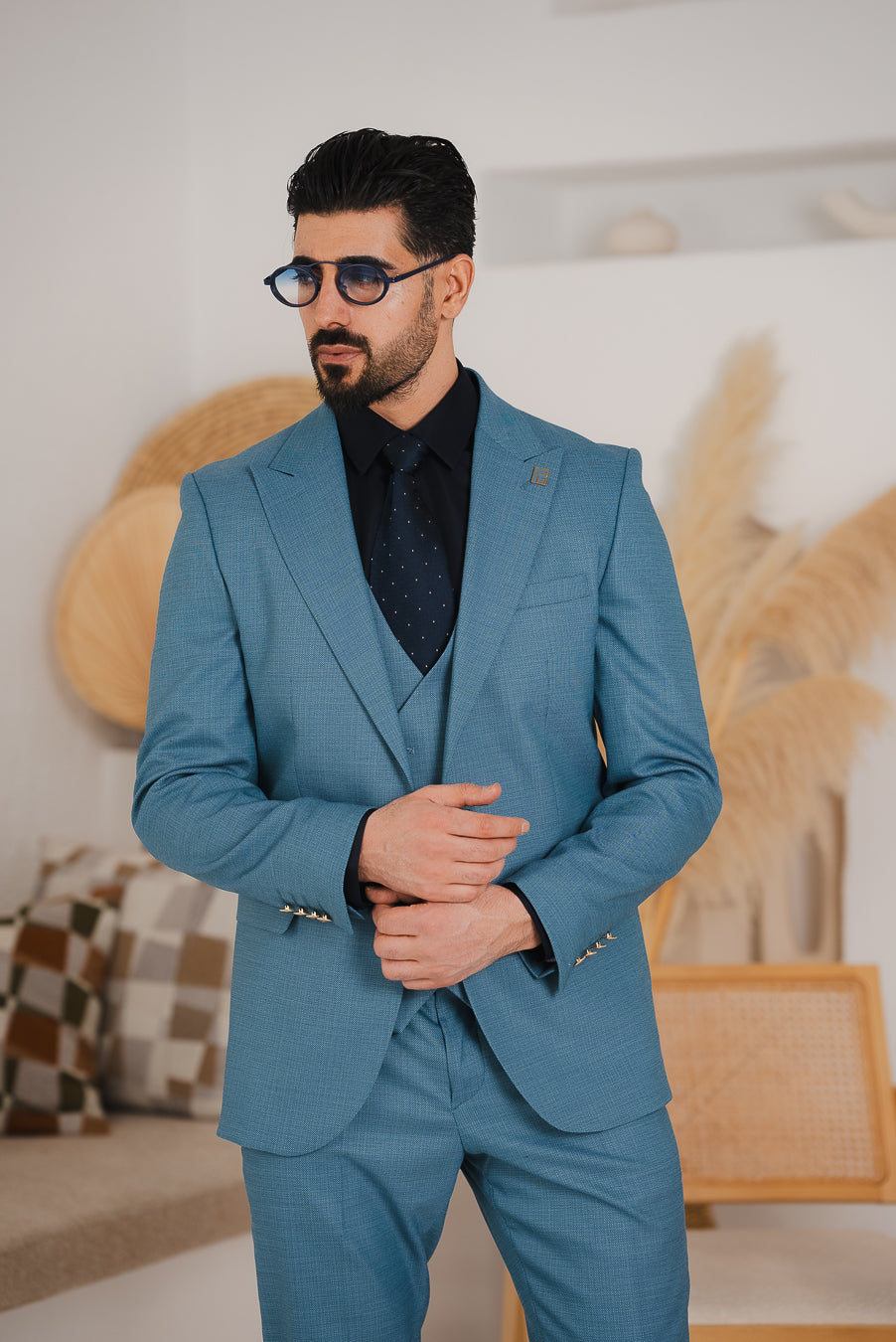 Costum Barbatesc, 3 piese, Sacou, Vesta si Pantalon, Textura Punctata, Albastru Regal PG0013