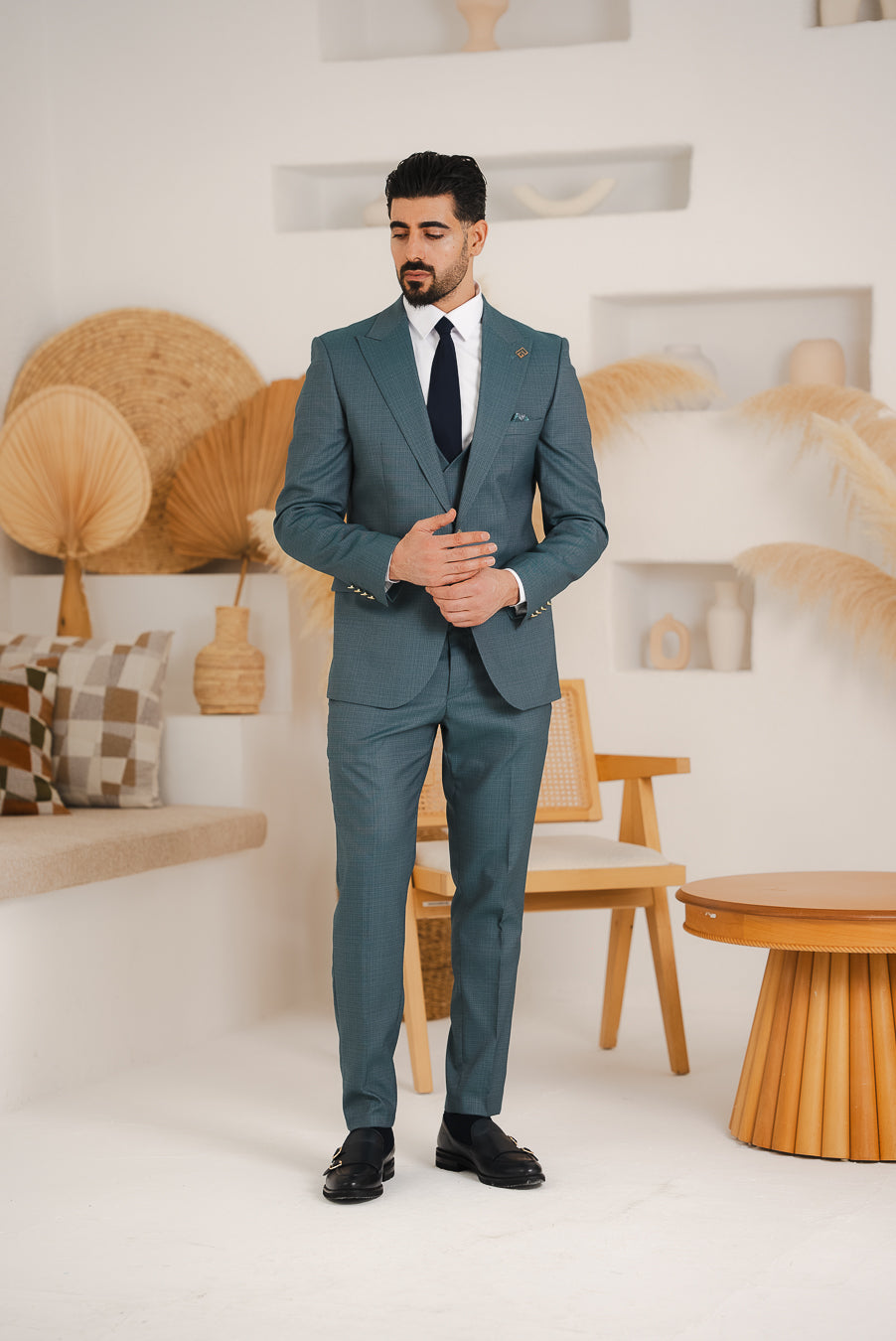 Costum Barbatesc, 3 piese, Sacou, Vesta si Pantalon, Textura Punctata, Verde Olive PG0015
