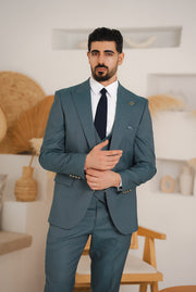 Costum Barbatesc, 3 piese, Sacou, Vesta si Pantalon, Textura Punctata, Verde Olive PG0015