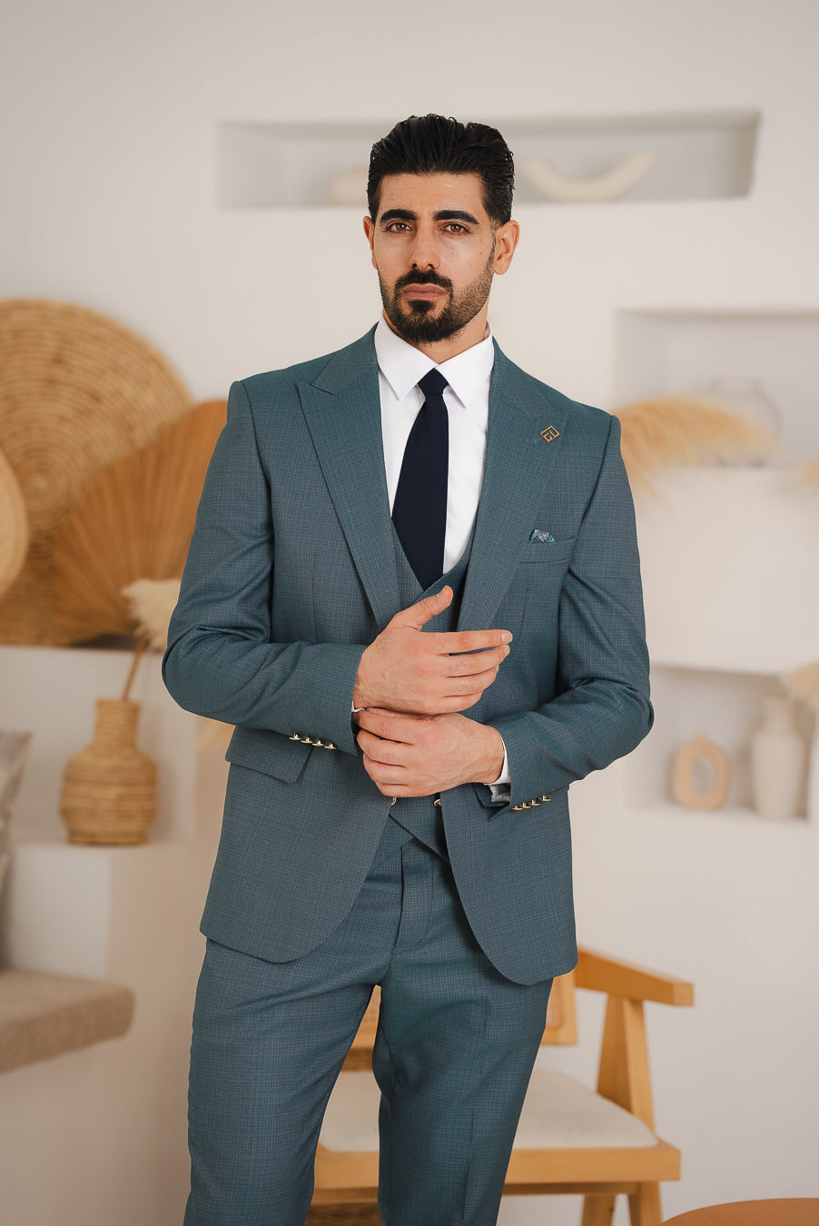 Costum Barbatesc, 3 piese, Sacou, Vesta si Pantalon, Textura Punctata, Verde Olive PG0015