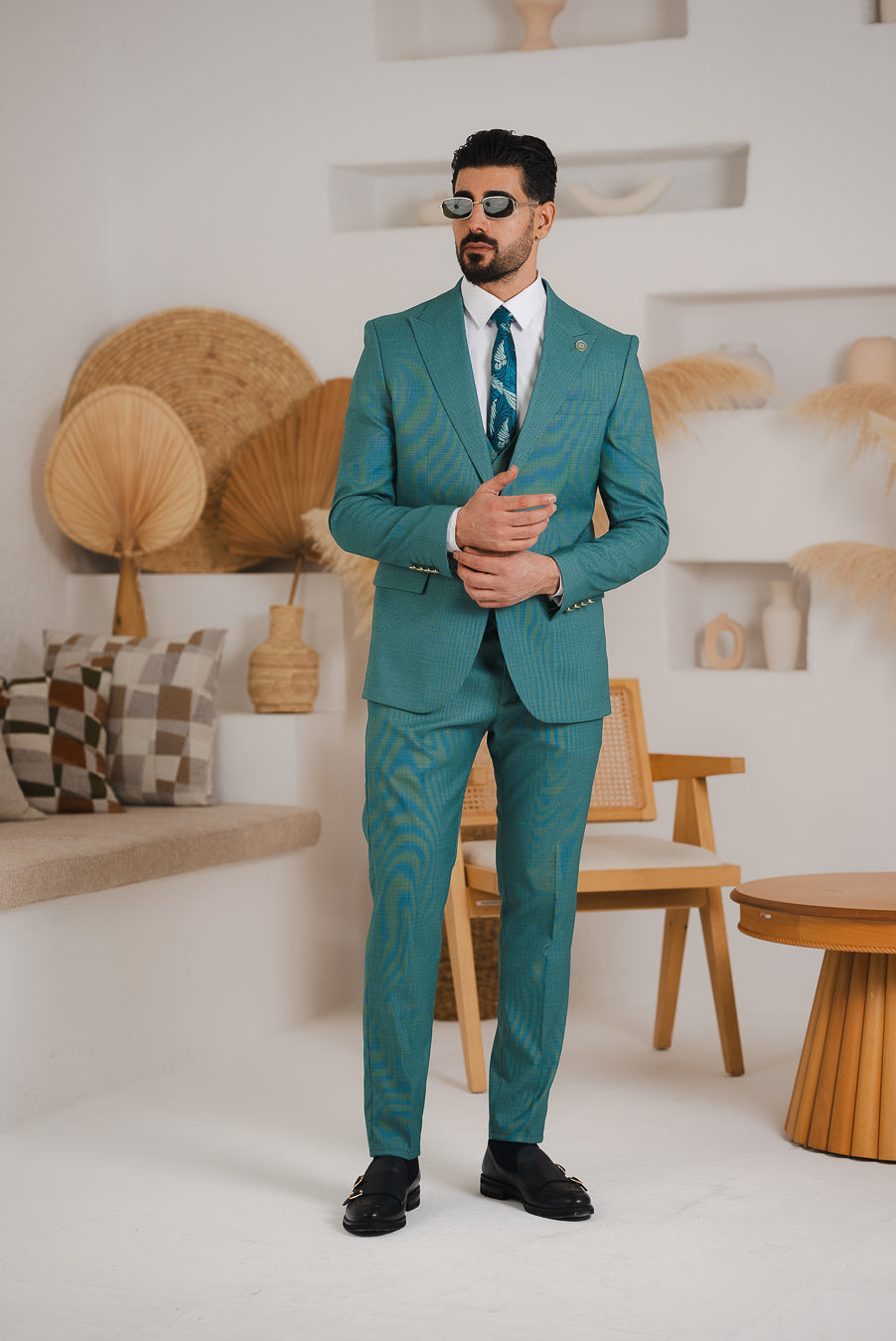Costum Barbatesc, 3 piese, Sacou, Vesta si Pantalon, Textura Punctata, Verde Turcoaz Deschis PG0016