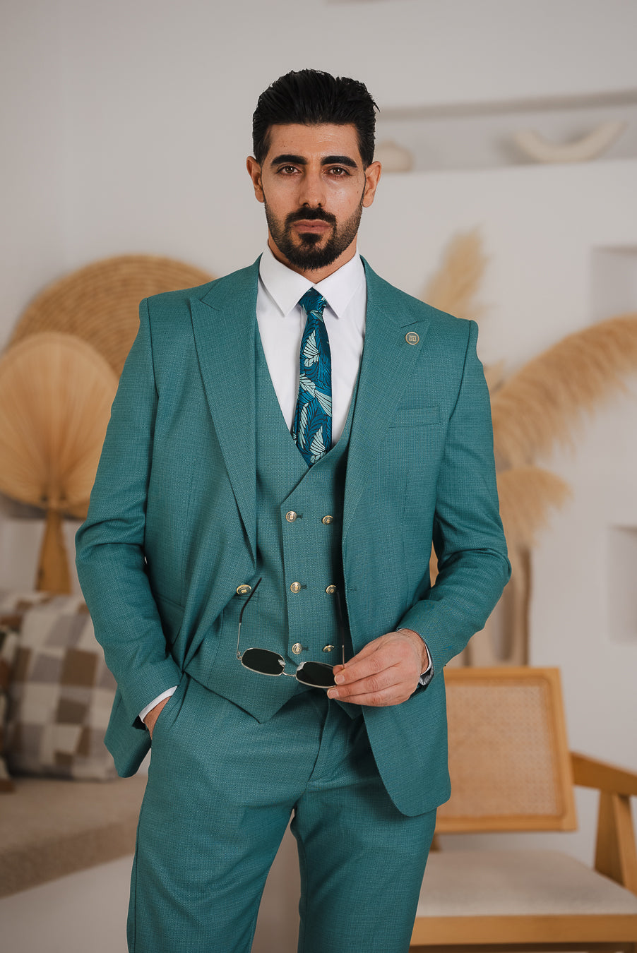 Costum Barbatesc, 3 piese, Sacou, Vesta si Pantalon, Textura Punctata, Verde Turcoaz Deschis PG0016