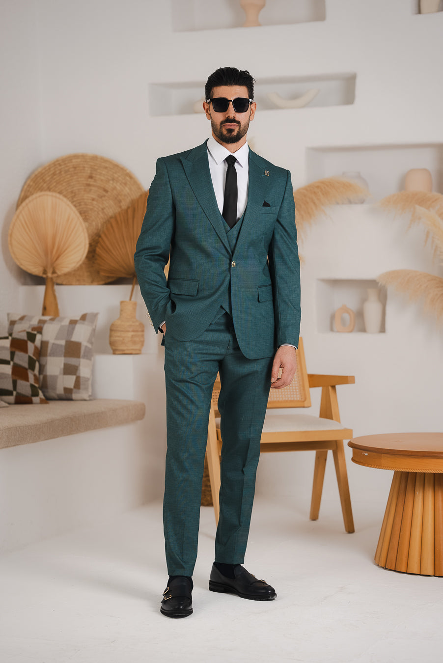 Costum Barbatesc, 3 piese, Sacou, Vesta si Pantalon, Textura Punctata, Verde Olive PG0019