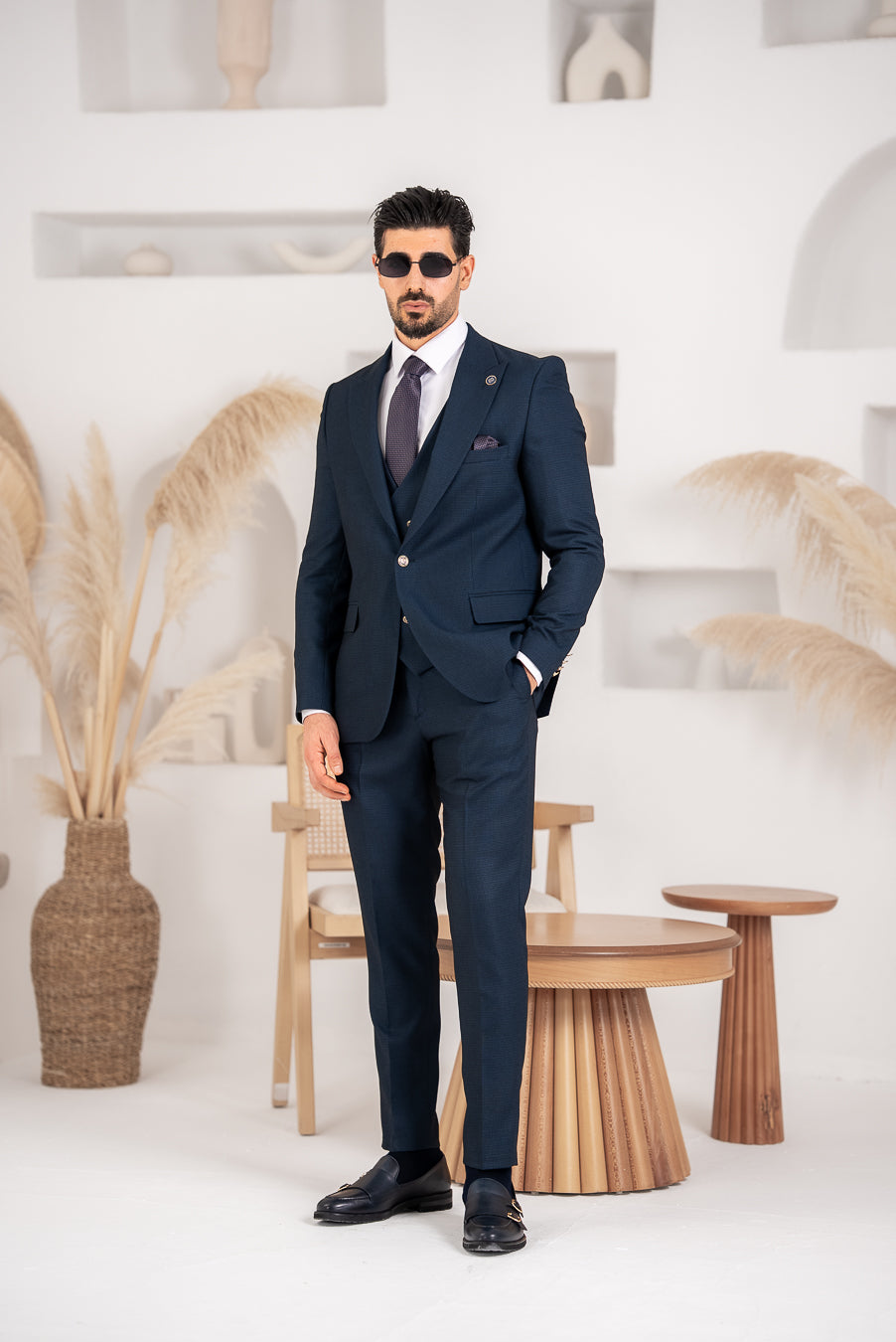 Costum Barbatesc, 3 piese, Sacou, Vesta si Pantalon, Textura Punctata, Petrol PG0026