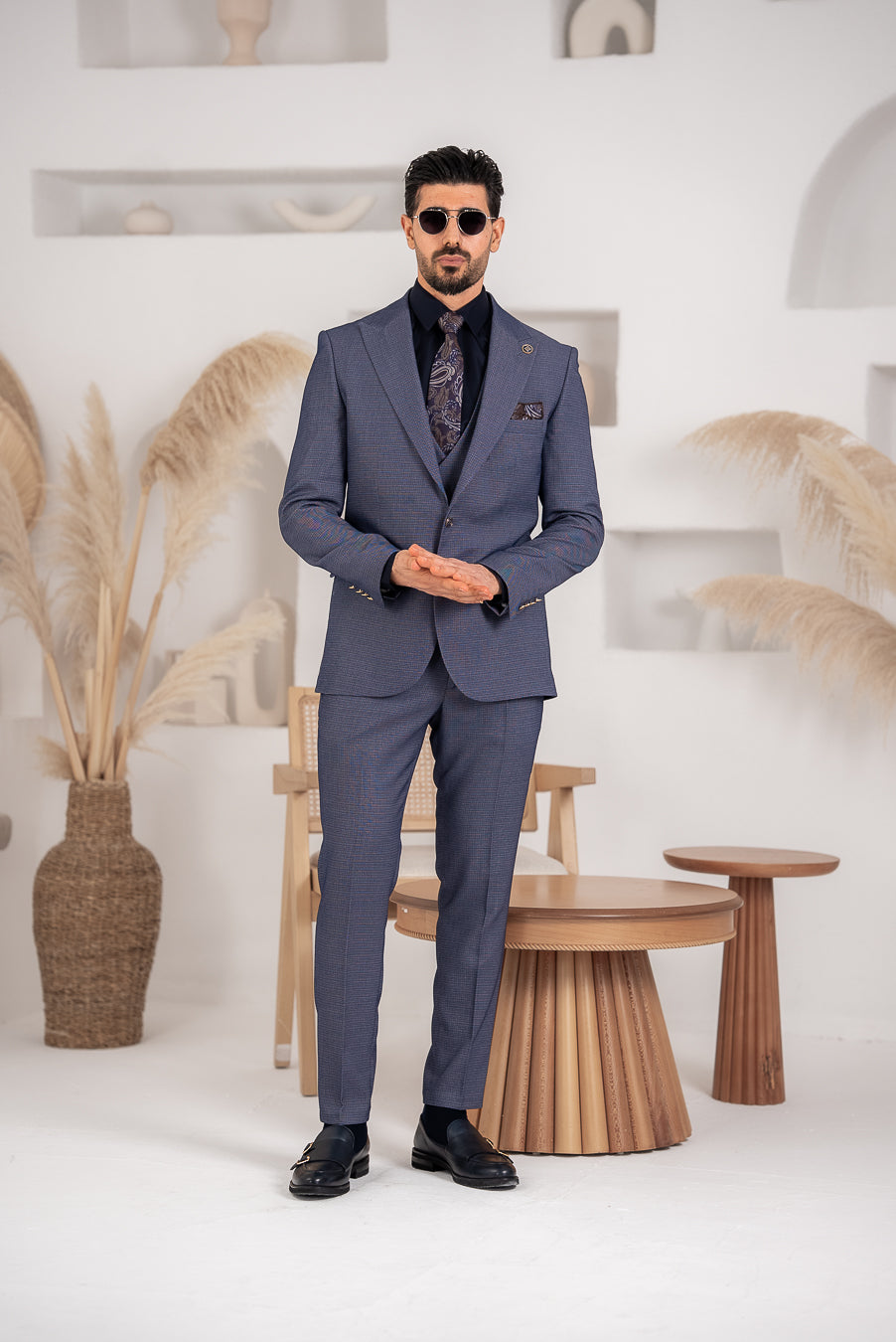 Costum Barbatesc, 3 piese, Sacou, Vesta si Pantalon, Textura Punctata, Gri Petrol PG0029