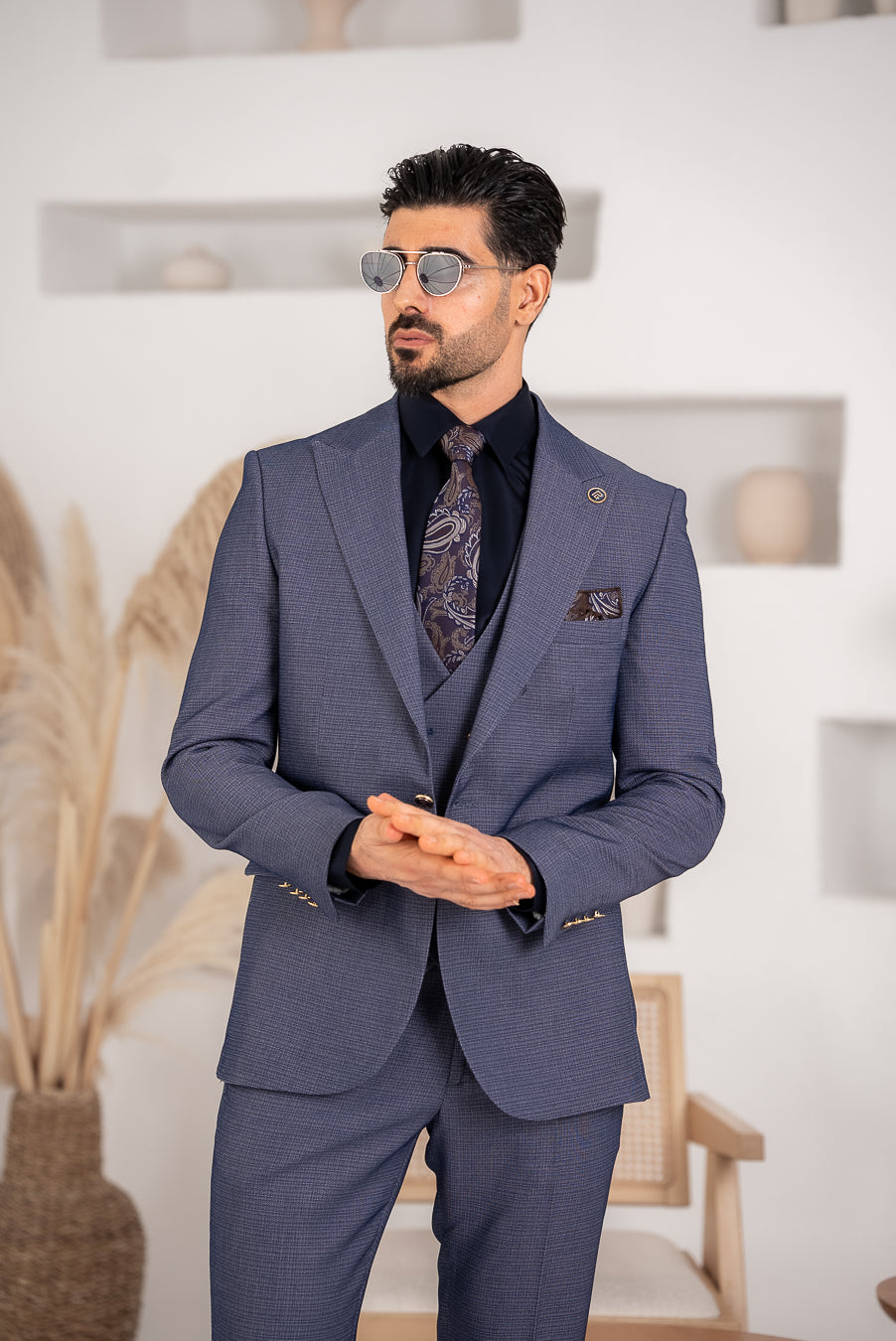 Costum Barbatesc, 3 piese, Sacou, Vesta si Pantalon, Textura Punctata, Gri Petrol PG0029
