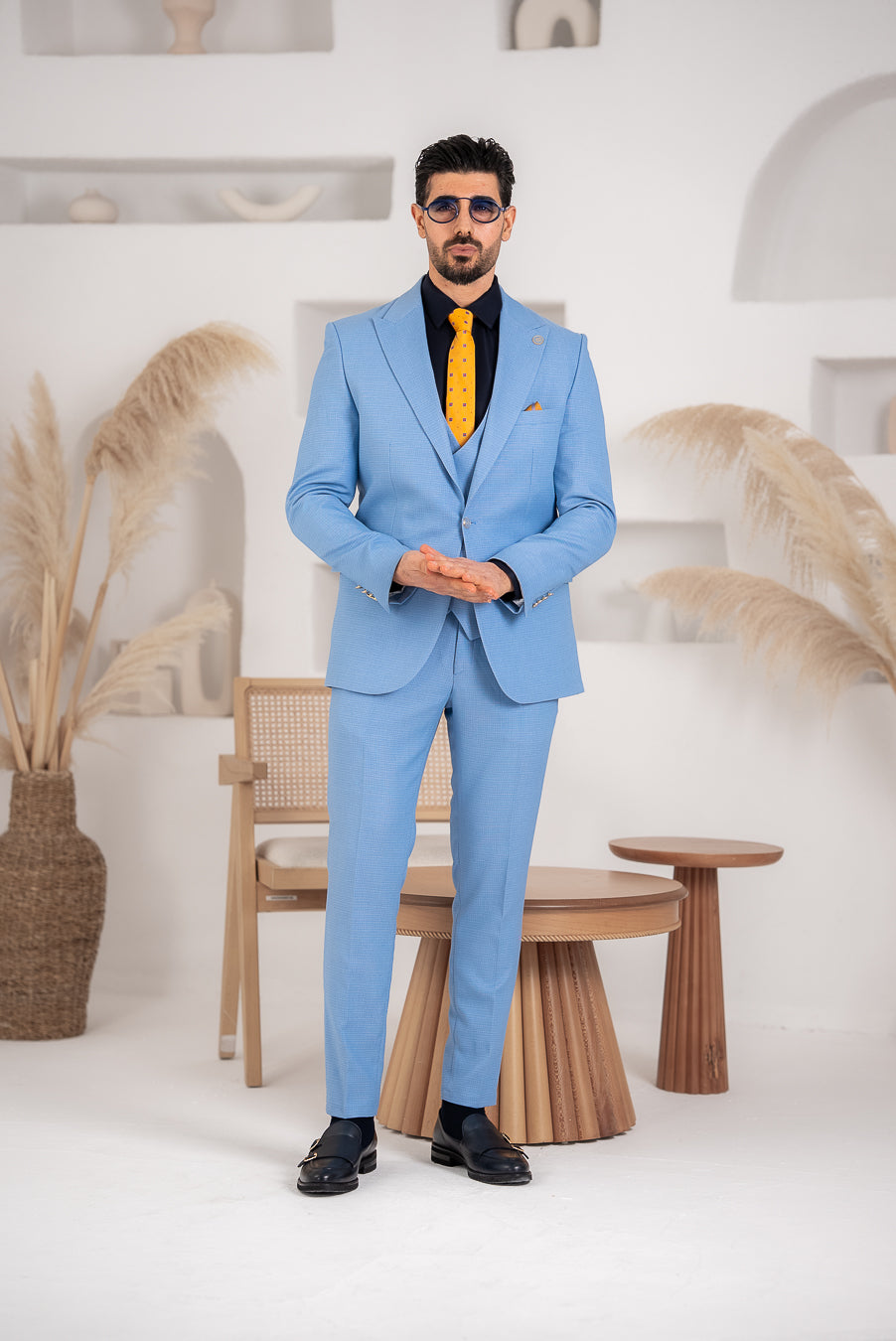 Costum Barbatesc, 3 piese, Sacou, Vesta si Pantalon, Textura Punctata, Blue PG0030
