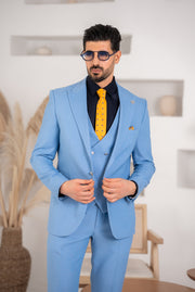 Costum Barbatesc, 3 piese, Sacou, Vesta si Pantalon, Textura Punctata, Blue PG0030