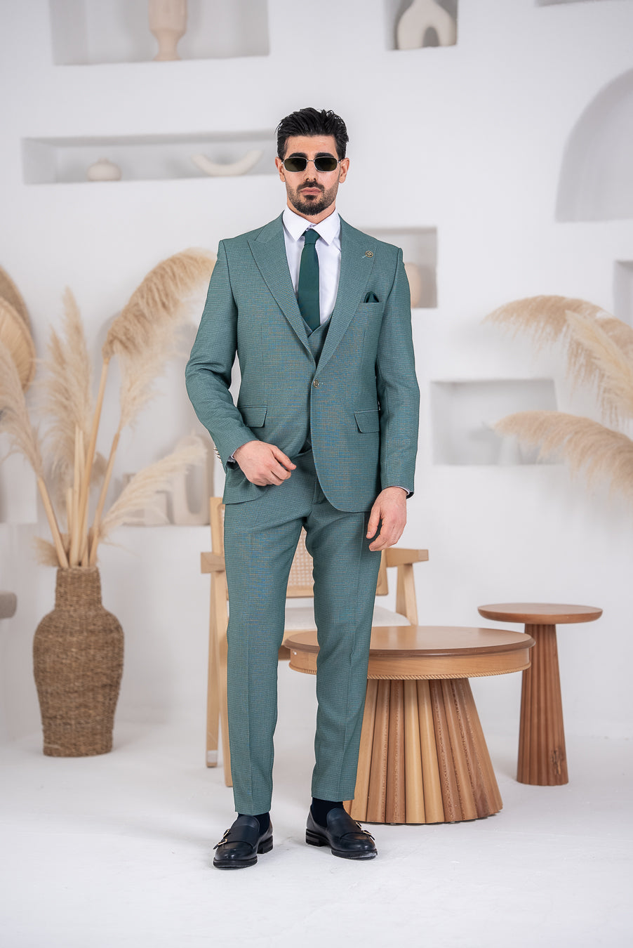 Costum Barbatesc, 3 piese, Sacou, Vesta si Pantalon, Textura Punctata, Verde Menta PG0036