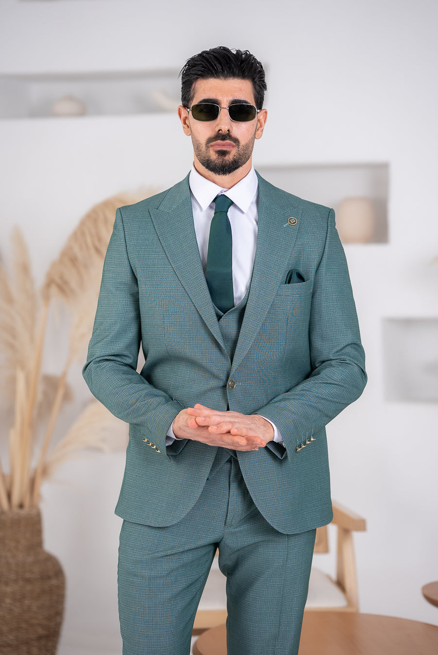 Costum Barbatesc, 3 piese, Sacou, Vesta si Pantalon, Textura Punctata, Verde Menta PG0036
