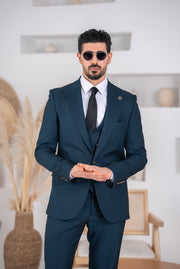 Costum Barbatesc, 3 piese, Sacou, Vesta si Pantalon, Textura Punctata, Albastru Petrol PG0037