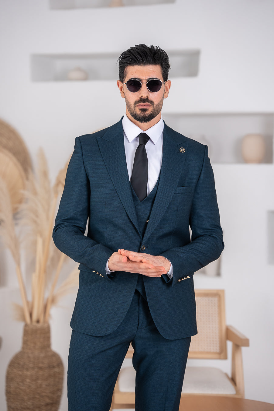 Costum Barbatesc, 3 piese, Sacou, Vesta si Pantalon, Textura Punctata, Albastru Petrol PG0037
