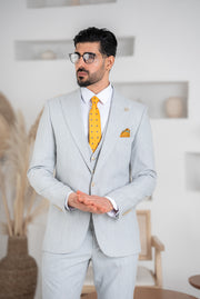 Costum Barbatesc, 3 piese, Sacou, Vesta si Pantalon, Material Texturat Ca De In, Gri Deschis PG0042