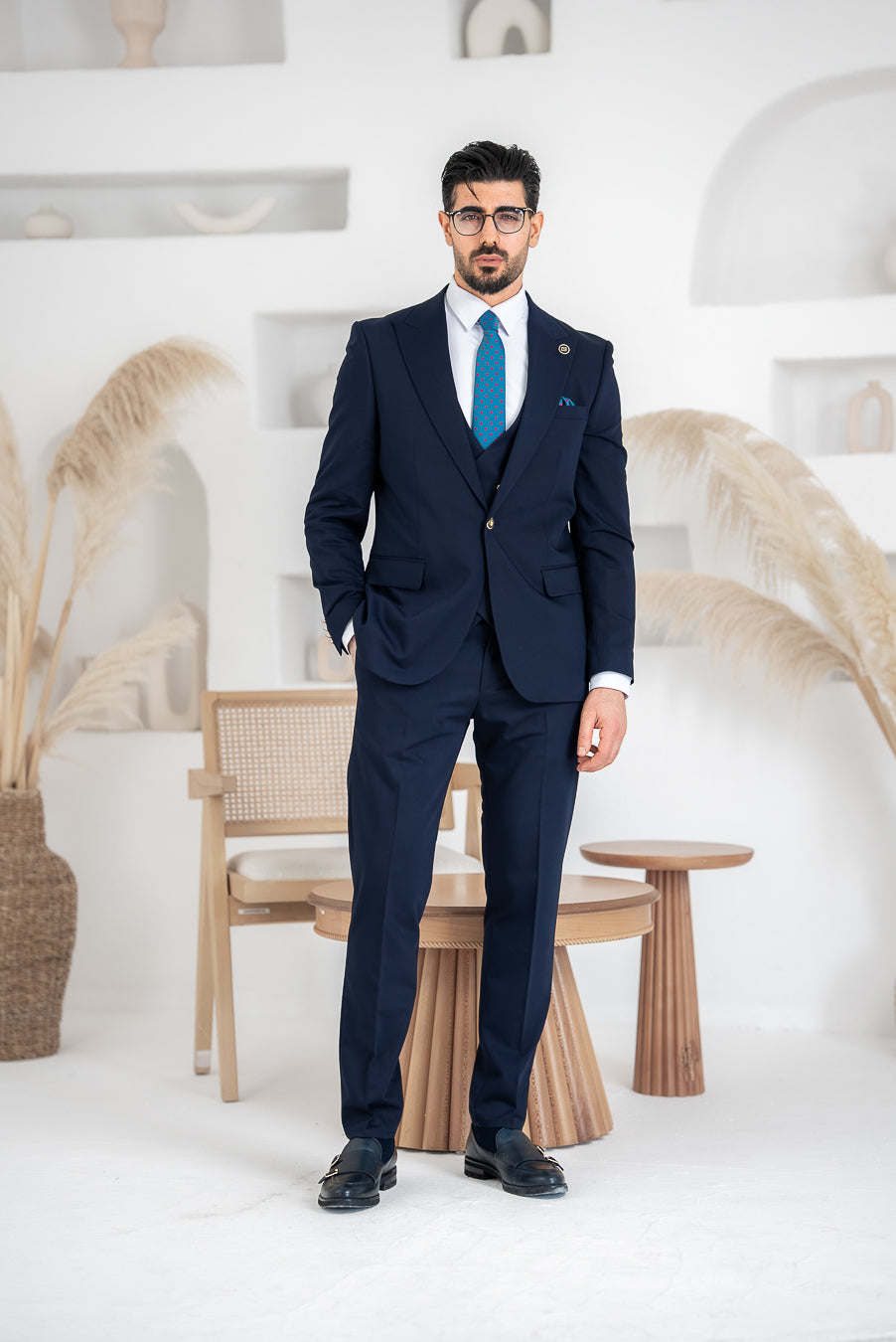 Costum Barbatesc, 3 piese, Sacou, Vesta si Pantalon, Textura Punctata, Bleomaren Regal PG0049