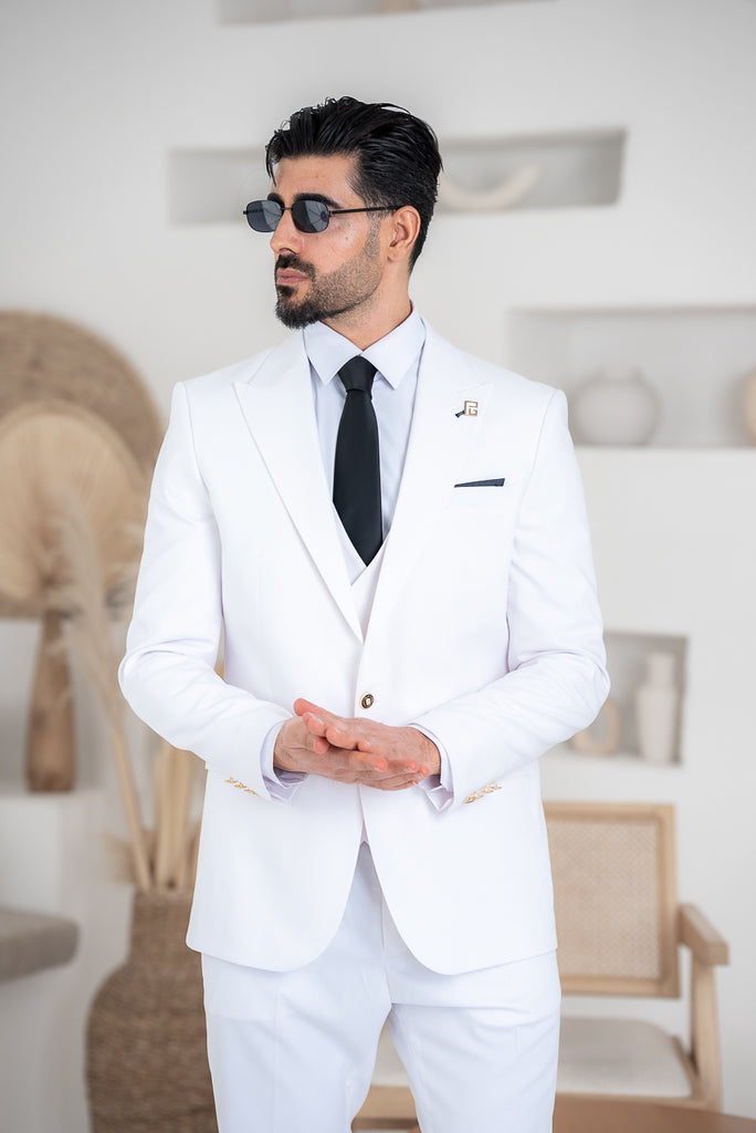 Costum Barbatesc, 3 piese, Sacou, Vesta si Pantalon, Material Textura Patratel, White PG0050