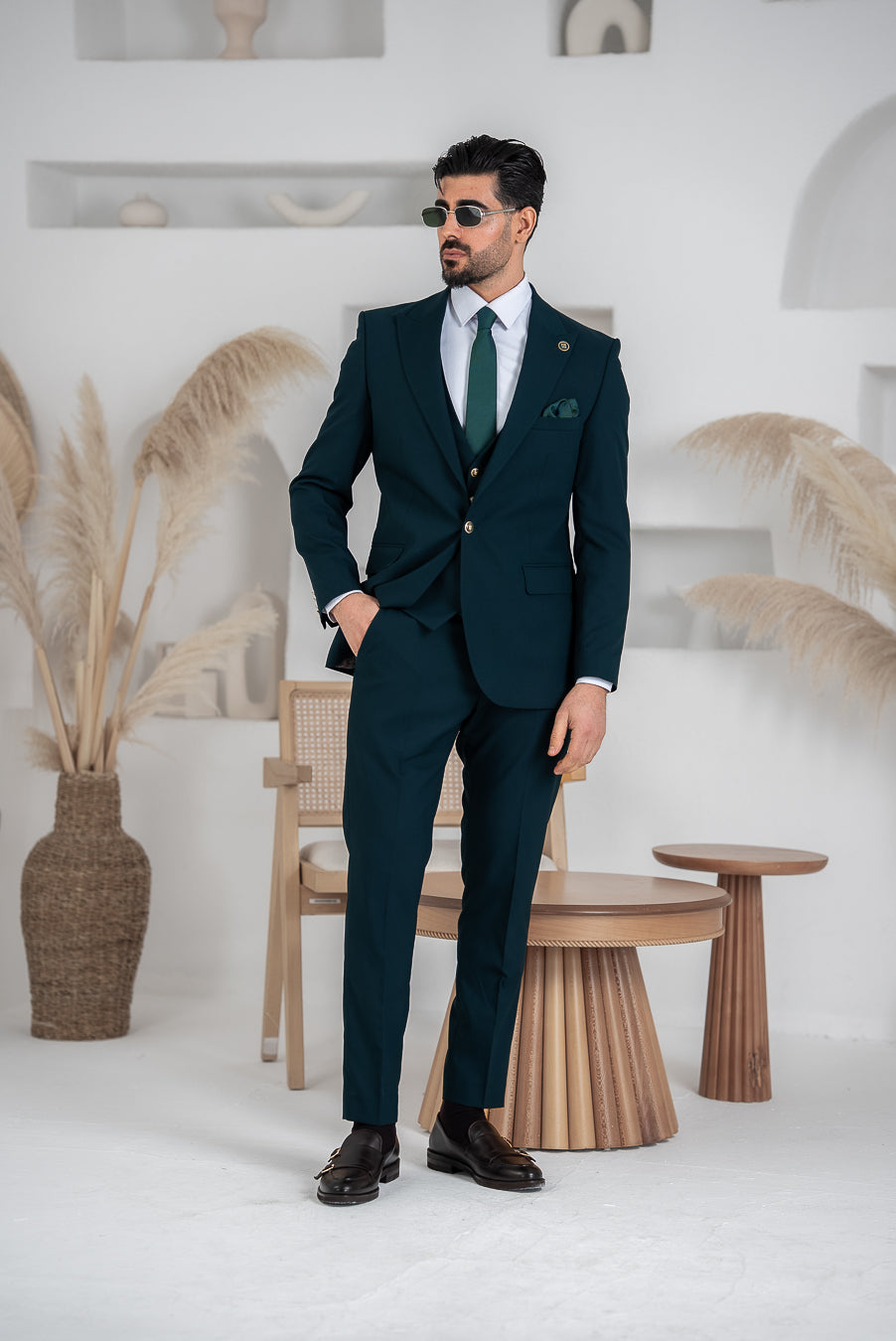 Costum Barbatesc, 3 piese, Sacou, Vesta si Pantalon, Material Textura Patratel, Verde Petrol PG0055