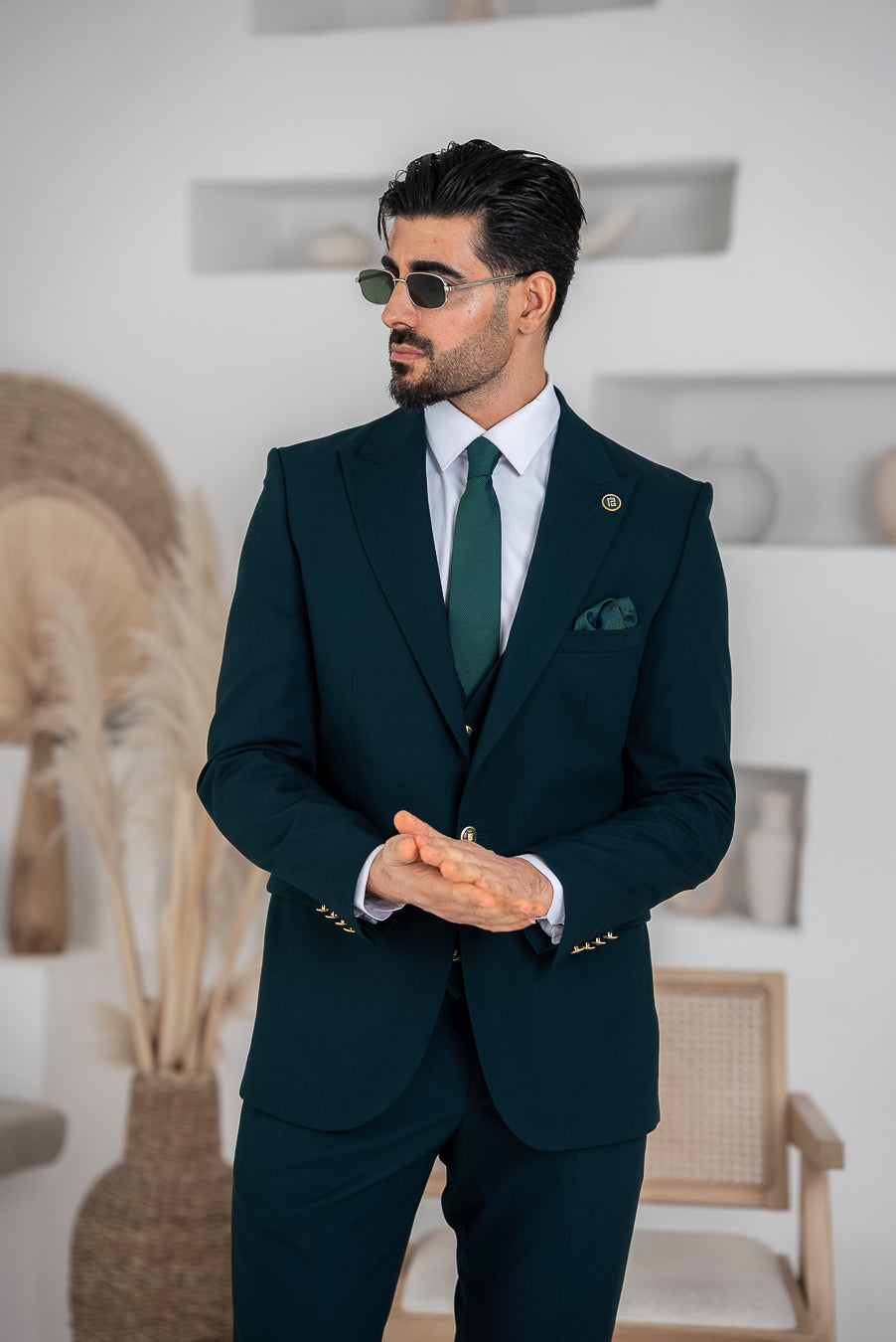 Costum Barbatesc, 3 piese, Sacou, Vesta si Pantalon, Material Textura Patratel, Verde Petrol PG0055