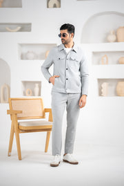 Costum Barbatesc, 2 piese, Sacou si Pantaloni, Material Grofat Lycra, Nasturi din Plastic, Gri PG0122