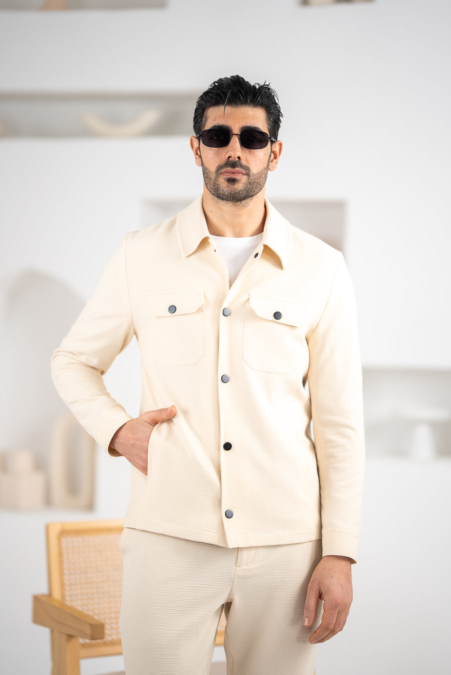 Costum Barbatesc, 2 piese, Sacou si Pantaloni, Material Grofat Lycra, Nasturi din Plastic, Nude PG0123