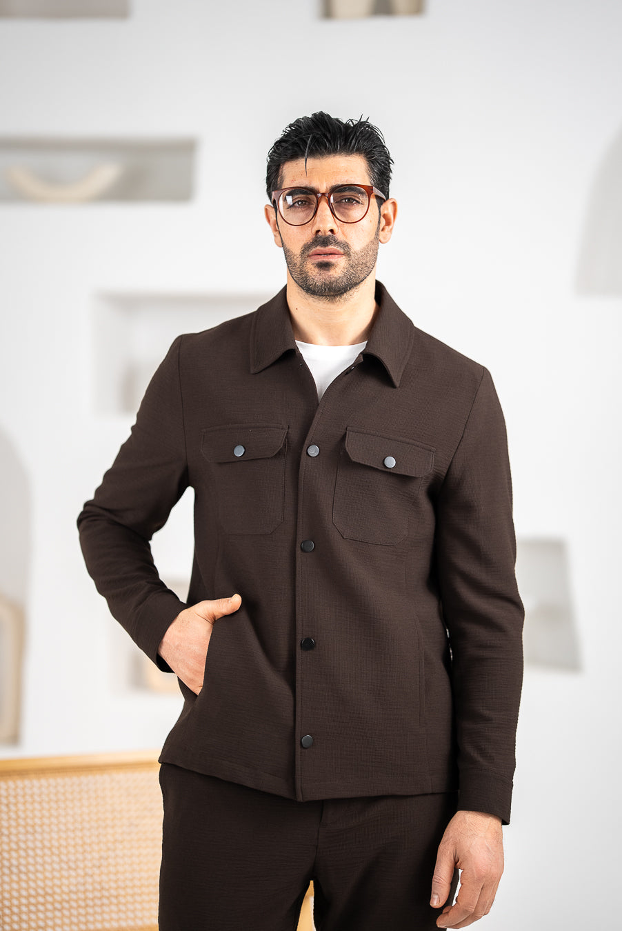 Costum Barbatesc, 2 piese, Sacou si Pantaloni, Material Grofat Lycra, Nasturi din Plastic, Maro PG0125