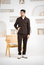 Costum Barbatesc, 2 piese, Sacou si Pantaloni, Material Grofat Lycra, Nasturi din Plastic, Maro PG0125