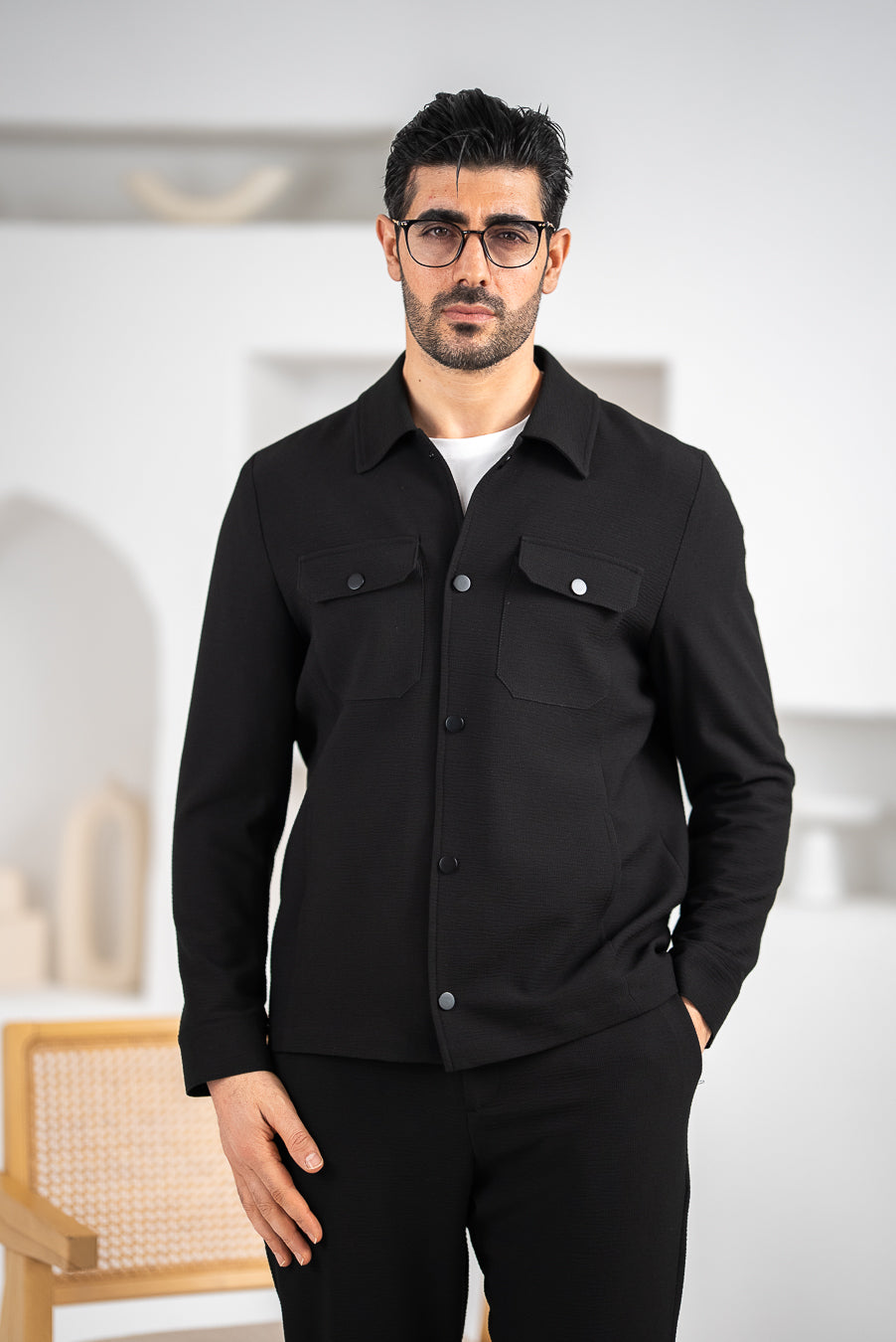 Costum Barbatesc, 2 piese, Sacou si Pantaloni, Material Grofat Lycra, Nasturi din Plastic, Negru PG0127