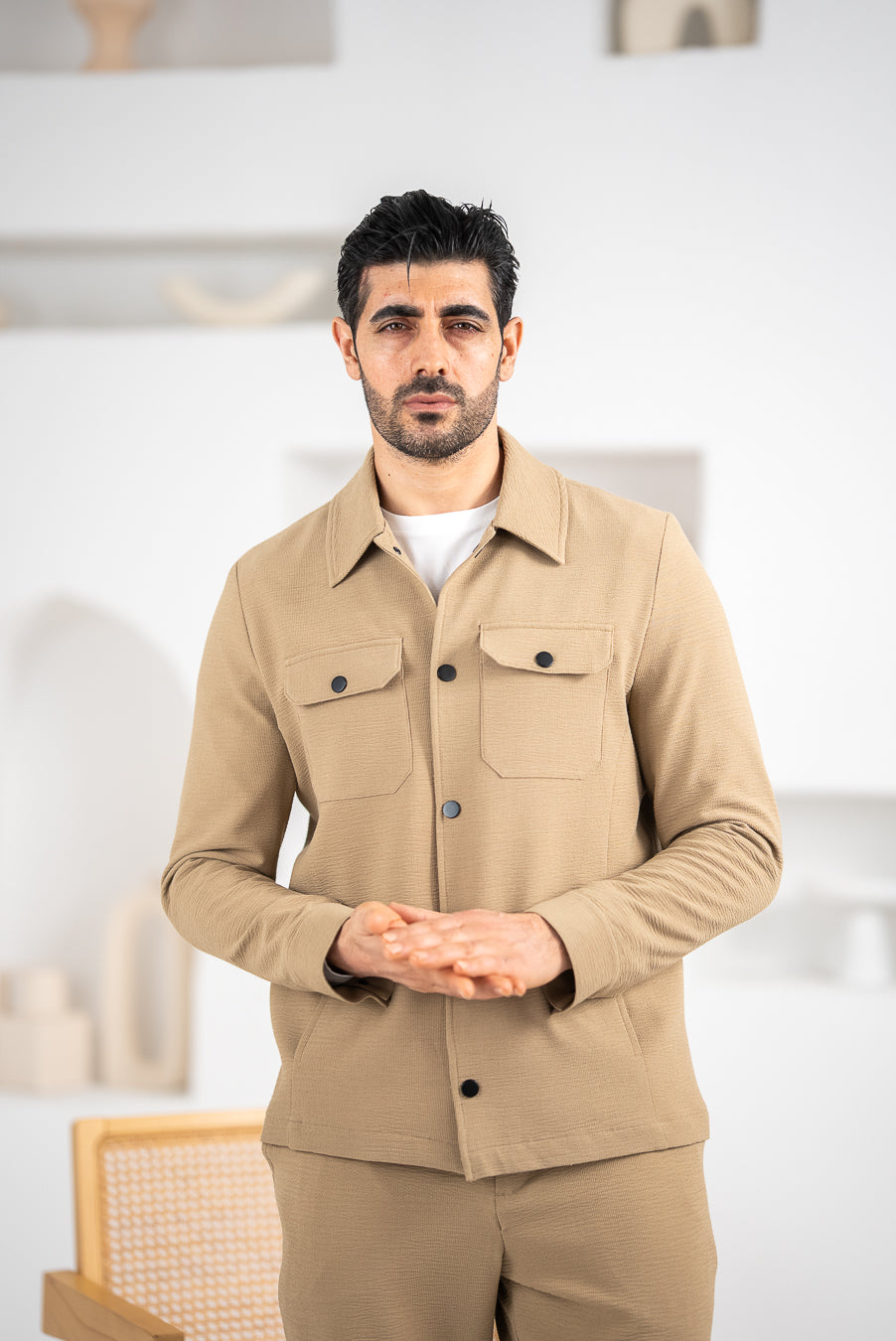 Costum Barbatesc, 2 piese, Sacou si Pantaloni, Material Grofat Lycra, Nasturi din Plastic, Cappuccino PG0128