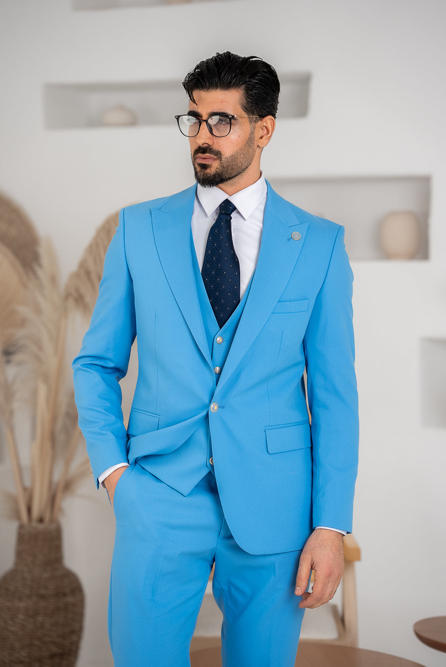 Costum Barbatesc, 3 piese, Sacou, Vesta si Pantalon, Material Textura Patratel, Bleo PG0057