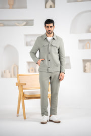 Costum Barbatesc, 2 piese, Sacou si Pantaloni, Material Grofat Lycra, Nasturi din Plastic, Gri Mint PG0129