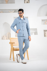 Costum Barbatesc, 2 piese, Sacou si Pantaloni, Material Grofat Lycra, Nasturi din Plastic, Bleo PG0130