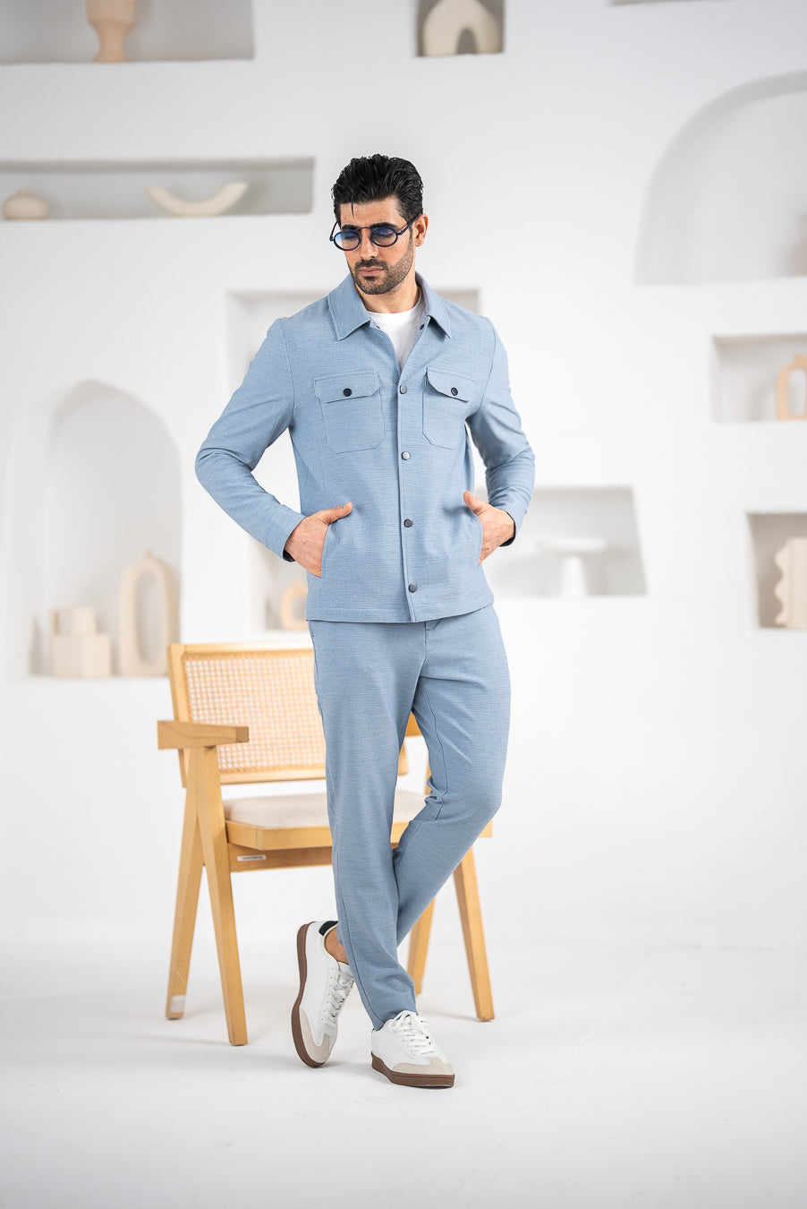 Costum Barbatesc, 2 piese, Sacou si Pantaloni, Material Grofat Lycra, Nasturi din Plastic, Bleo PG0130
