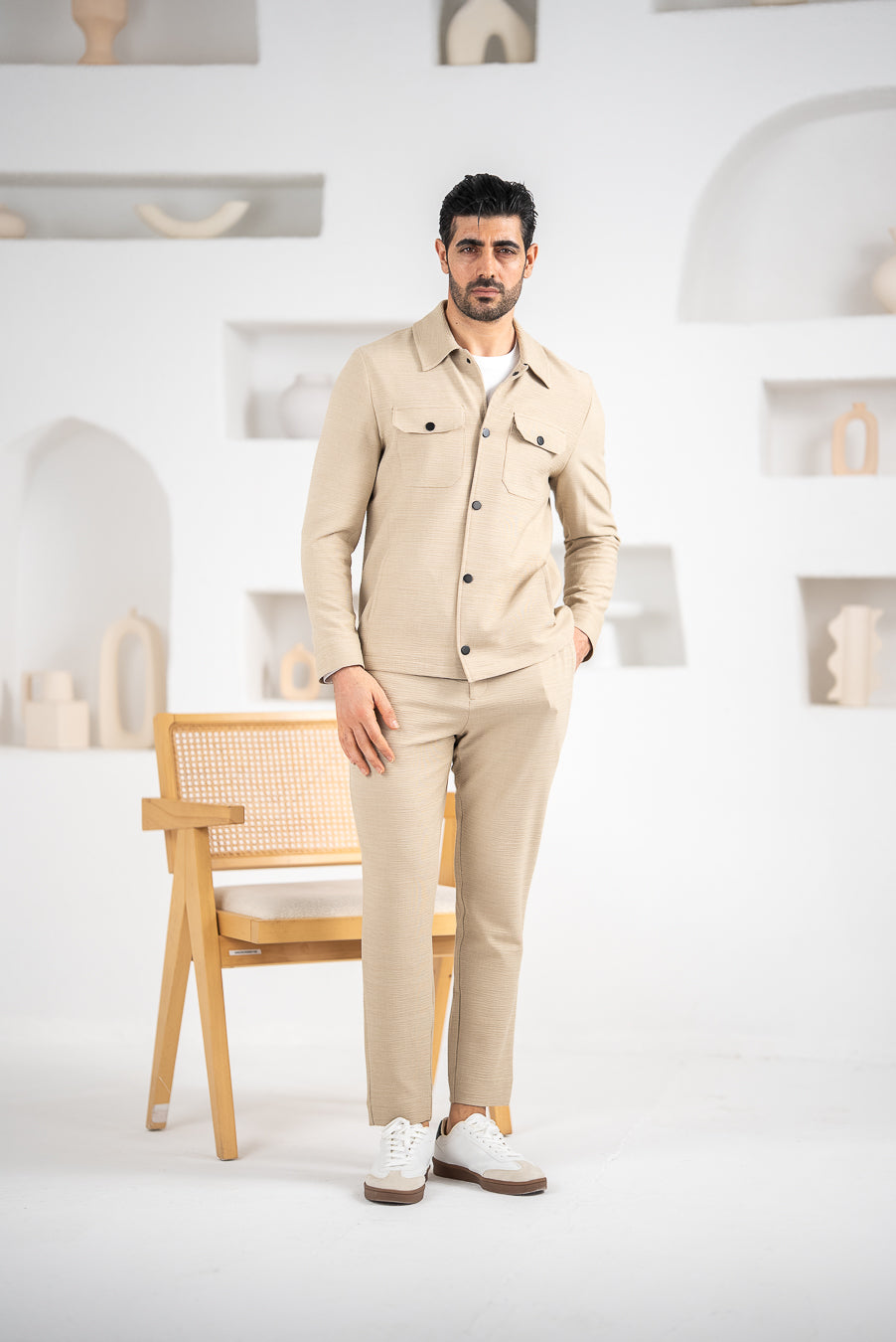Costum Barbatesc, 2 piese, Sacou si Pantaloni, Material Grofat Lycra, Nasturi din Plastic, Bej PG0131