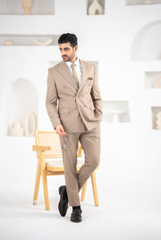 Costum Barbatesc, 2 piese, Sacou si Pantalon, Material Texturat cu Dungi Inguste, Nasturi Aurii, Cappuccino PG0134